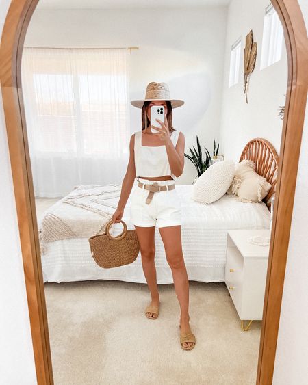 Summer outfit - beige square neck crop top, white paper bag shorts, woven belt, straw fedora hat, rattan sandals, woven beach tote bag

// #ltkstyletip #ltkunder50 #ltkunder100 #ltkshoecrush #ltkitbag #ltkfind #ltktravel #ltkseasonal summer top, crop top, summer outfit, summer outfits, summer fashion, summer trends, summer style, summer pants, casual outfit, travel outfit, vacation outfit, resort wear, Petal and Pup, Amazon, Amazon fashion, Amazon finds, Lulus, Lack of Color, straw hat, summer hat, beach hat, summer bag, beach bag, neutral style