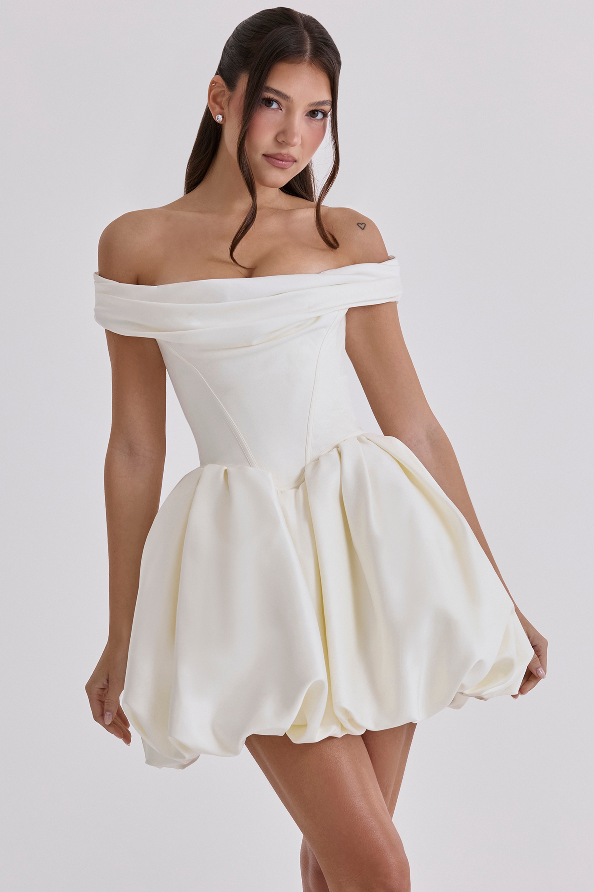 ivory satin off shoulder mini bridal gown | House of CB