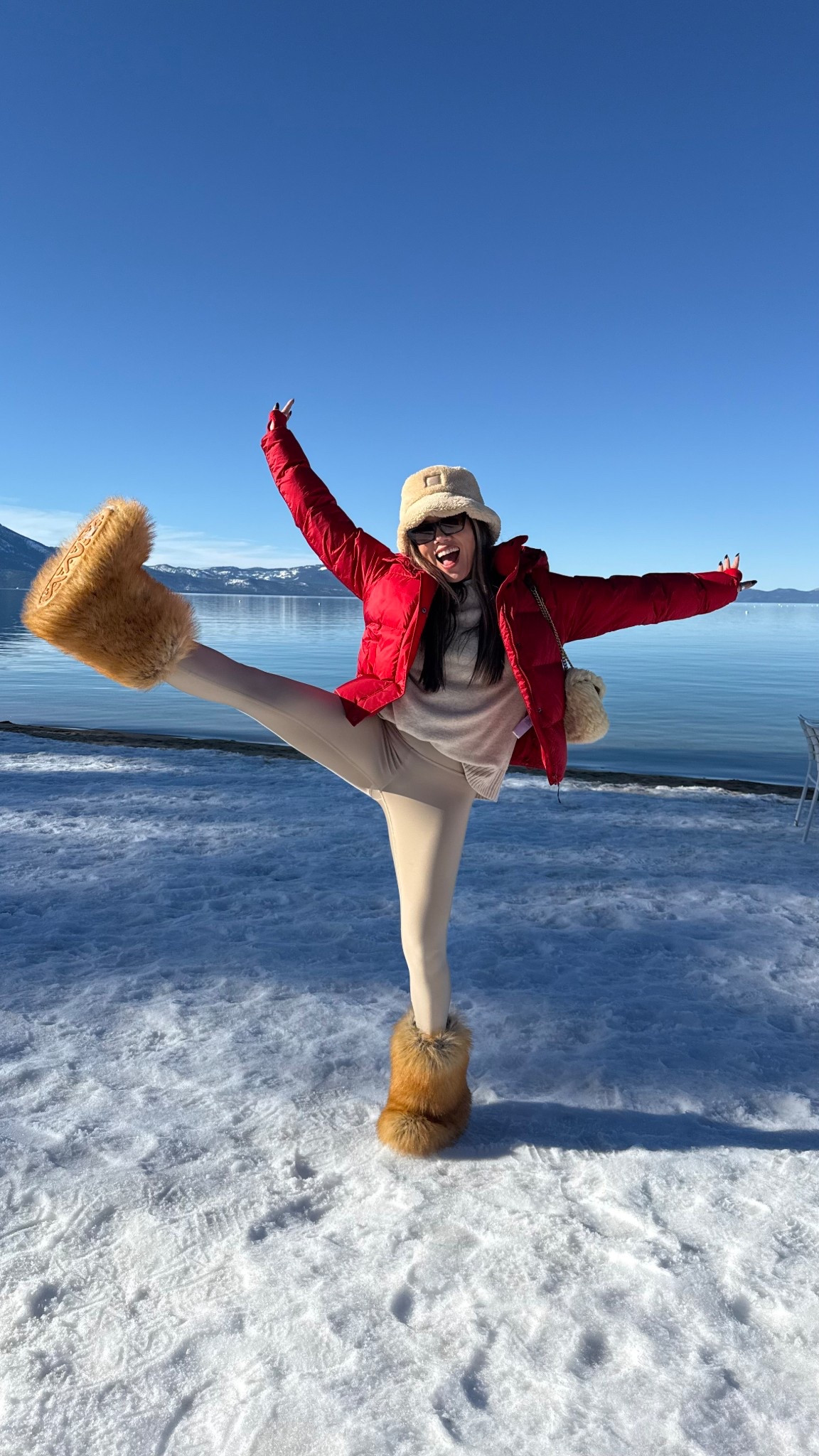 Après-ski outfit inspo in Tahoe. Staying warm and cozy with my layers, and these faux fur boots feel like I’m walking on a cloud. Also, I can’t keep count of how many compliments these faux fur boots got in Tahoe 🤎❄️. Plus tjey’re are so affordable (under $80). My red puffer jacket is also currently on sale. 

#LTKootd #LTKSeasonal #LTKTravel