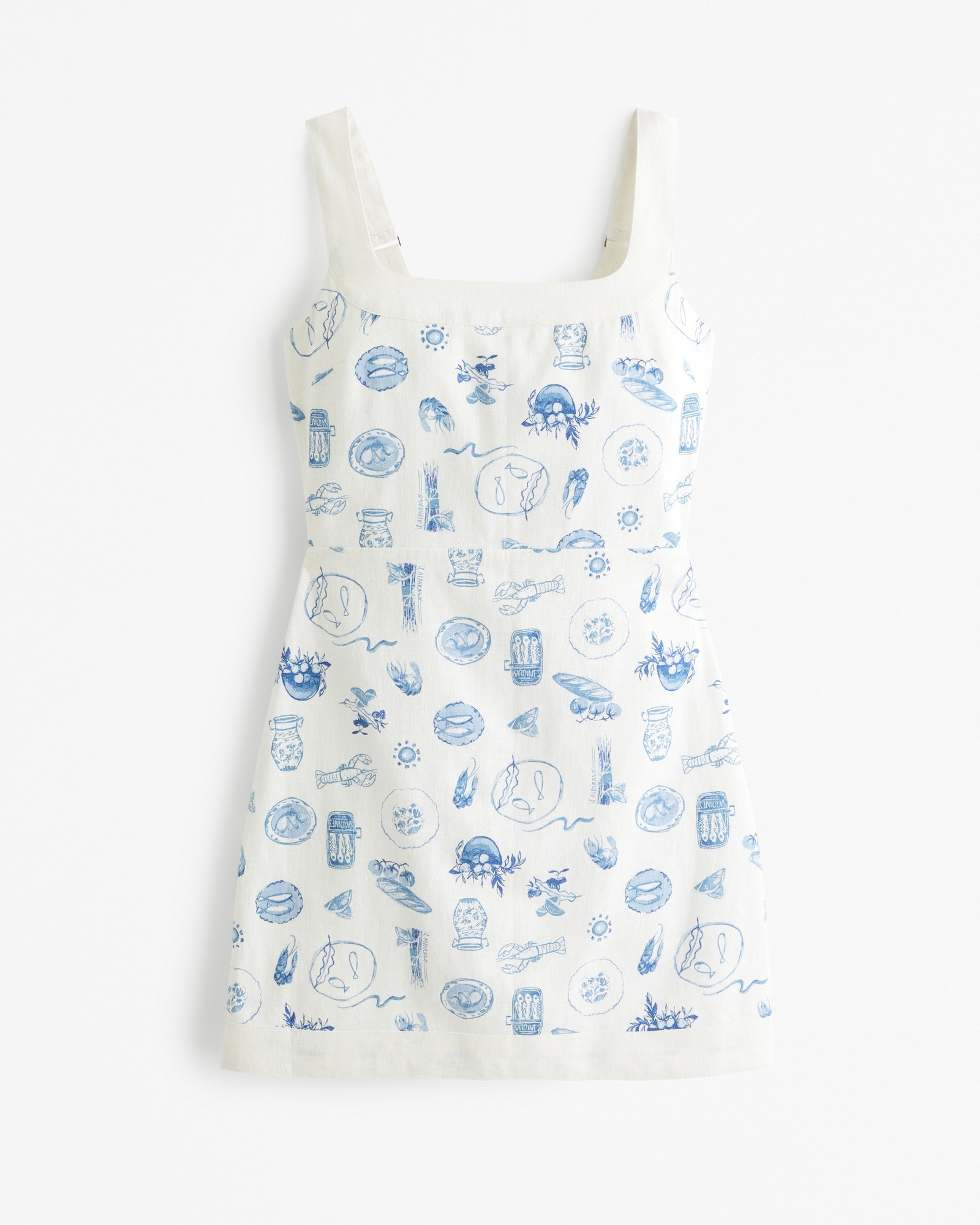 White linen summer mini dress with blue pattern 
Wide straps 
European vacation dress

#LTKfindsunder100 #LTKSeasonal