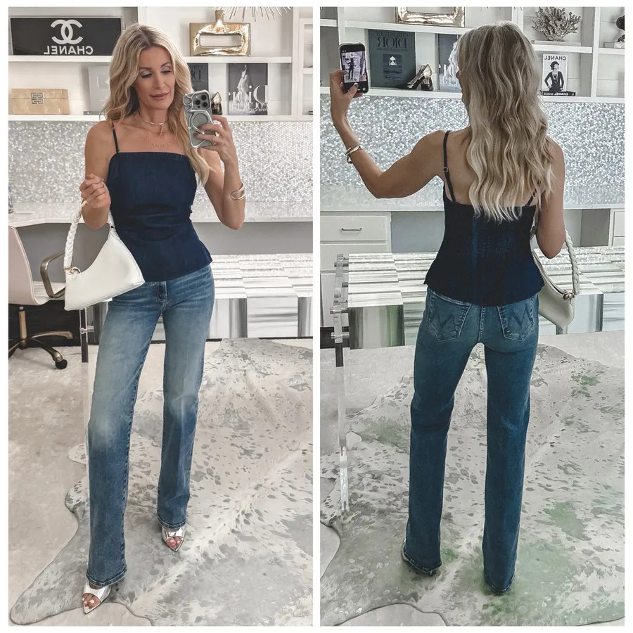 Denim on denim is such a chic trend right now, and these new Mother jeans create the longest leanest silhouette ✨ Love the floor skimming length with heels and this flattering gathered Madewell top. Size 24 in jeans. 

 #DenimOnDenim #MotherJeans #GirlsNightOut #LTKootd #LTKSeasonal #LTKOver40