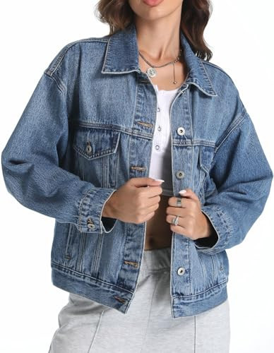 Mefija Women's Denim Jackets Long Sleeve Loose Fitted Jean Jacket Coats with Pocket 2025 (S, Blue) | Amazon (US)
