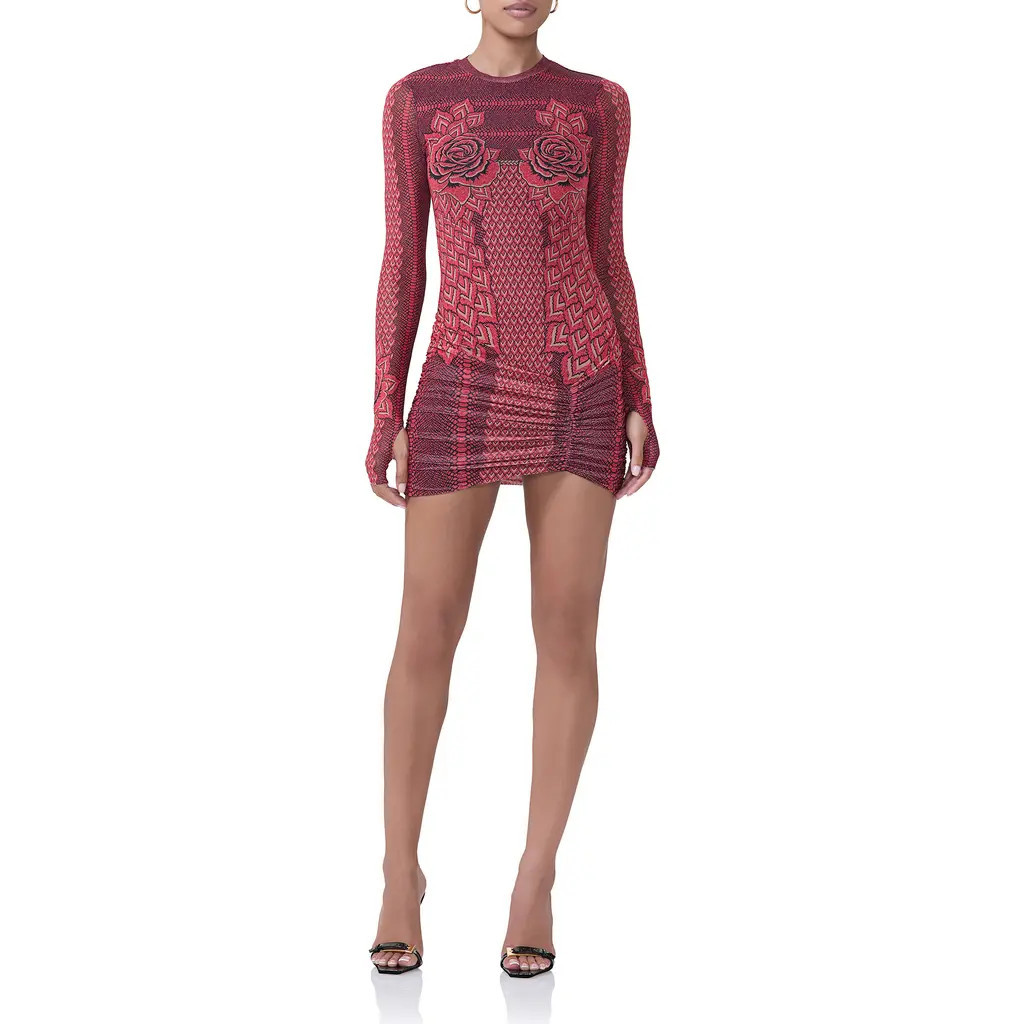 AFRM Mirza Print Long Sleeve Mesh Minidress in Rouge Gilded Rose at Nordstrom, Size Large | Nordstrom