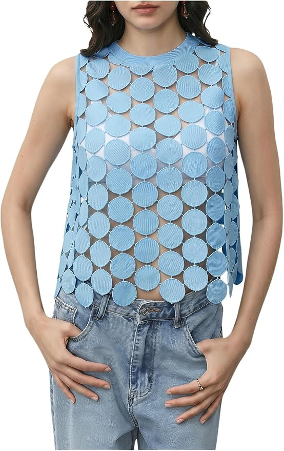 SHENHE Women's Sheer Tank Tops See Through Polka Dots Asymmetrical Top Summer Sleeveless Vest Shi... | Amazon (US)