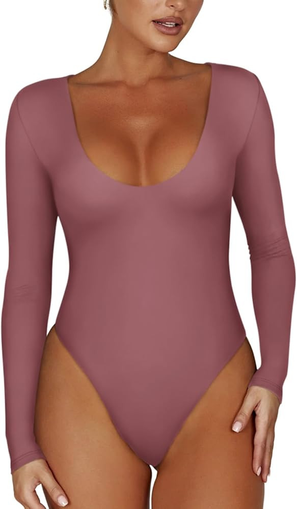 REORIA Women’s Sexy Scoop Neck Long Sleeve Double Lined Stretchy Shirt Tops Going Out Bodysuits | Amazon (US)
