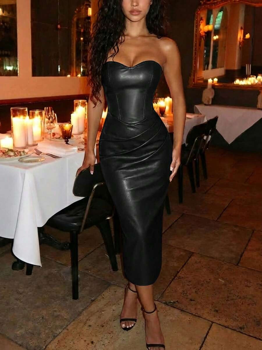SHEIN MOD Women's Black Elegant PU Bodycon Dress,Autumn Pleated Fitted Party Dress,Night Out Formal Dresses,Date Night,New Year's Eve,Holiday,Vacation Outfits | SHEIN