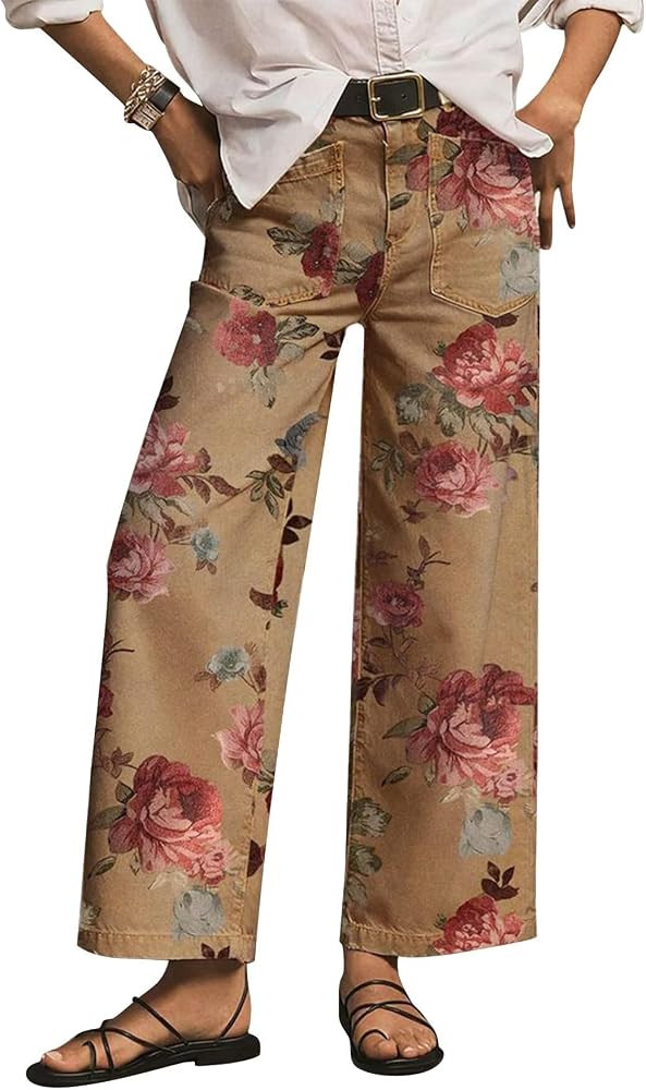 Flamingals Straight High Rise Floral Print Baggy Pants for Women | Amazon (US)