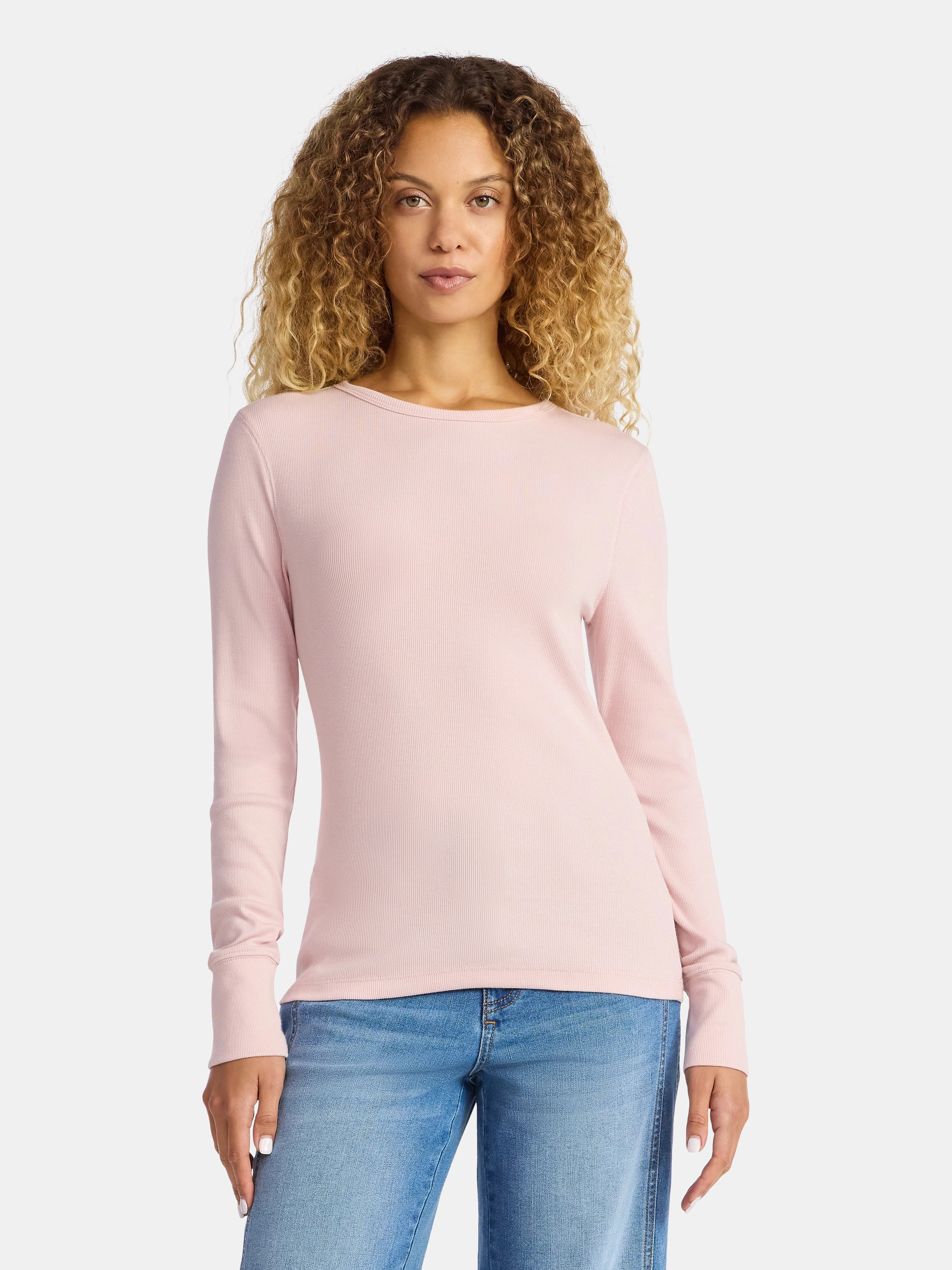 Time and Tru Women's Rib Tee with Long Sleeves, Size XS-XXXL | Walmart (US)