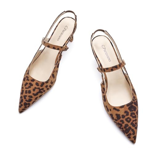 C.Paravano Leopard Print Women's Slingback Flats Pointed Toe Kitten Heels Low Heel Pumps Ankle Strap Leather Dress Shoes for Office and Casual Wear(Size 9.5,Leopard Heels) | Amazon (US)