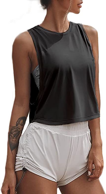Sanutch High Neck Crop Top Workout Shirts Cropped Muscle Tank for Women | Amazon (US)