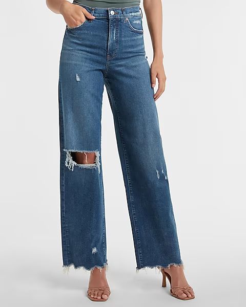 Super High Waisted Ripped Raw Hem 90s Wide Leg Jeans | Express