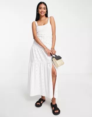 ASOS DESIGN broderie shirred detail maxi dress with belt in white | ASOS (Global)