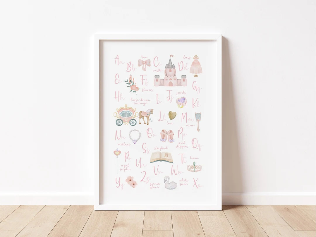 Pink Princess Alphabet Print ABC Princess Nursery Print Kids Room Decor Magical Kingdom Fairytale... | Etsy (US)