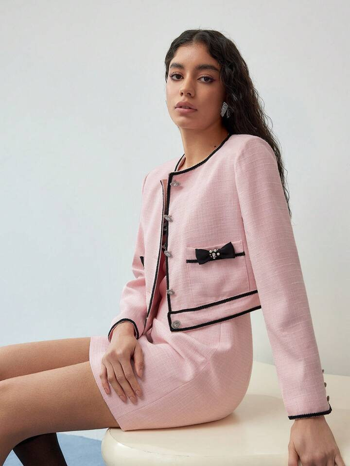 MOTF STUDIO CONTRAST BINDING BOW DECOR BOXY JACKET | SHEIN