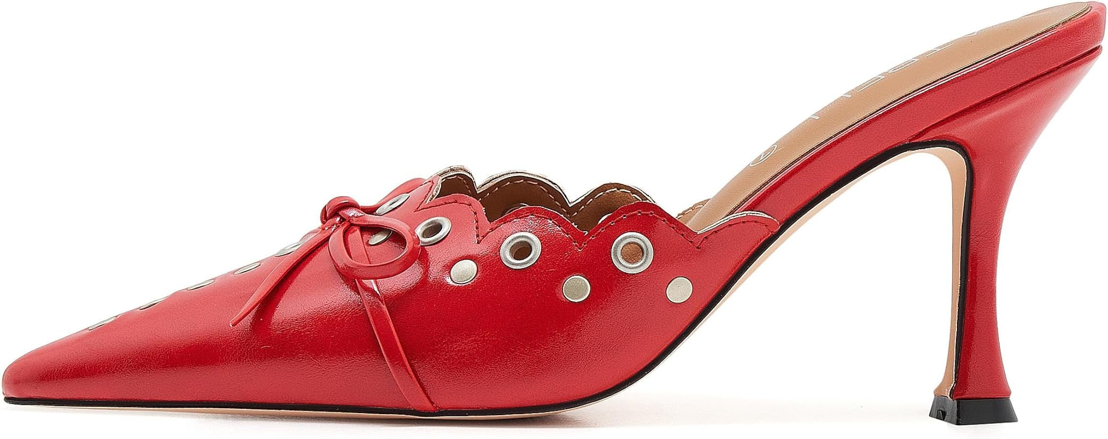 Kitten Heel Mules for Women Bow Tie Suede Stiletto Heels Mule Pointed Toe Studs Slide Heeled Sand... | Amazon (US)