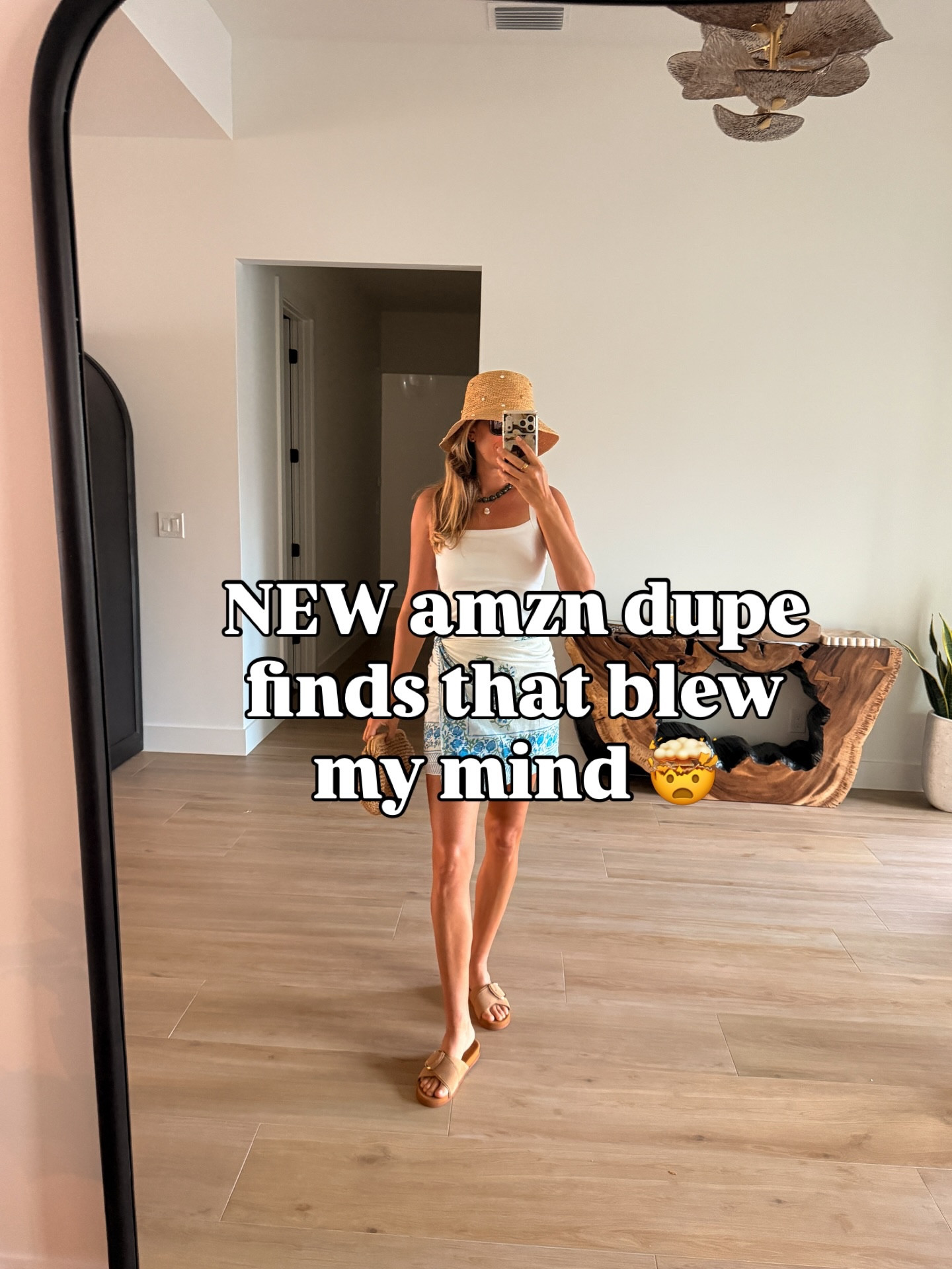 comment SHOP and I’ll send links! Amzn spring break, summer designer inspired dupe finds. Farm Rio skirt, beach outfit, sunglasses, hat, white button down