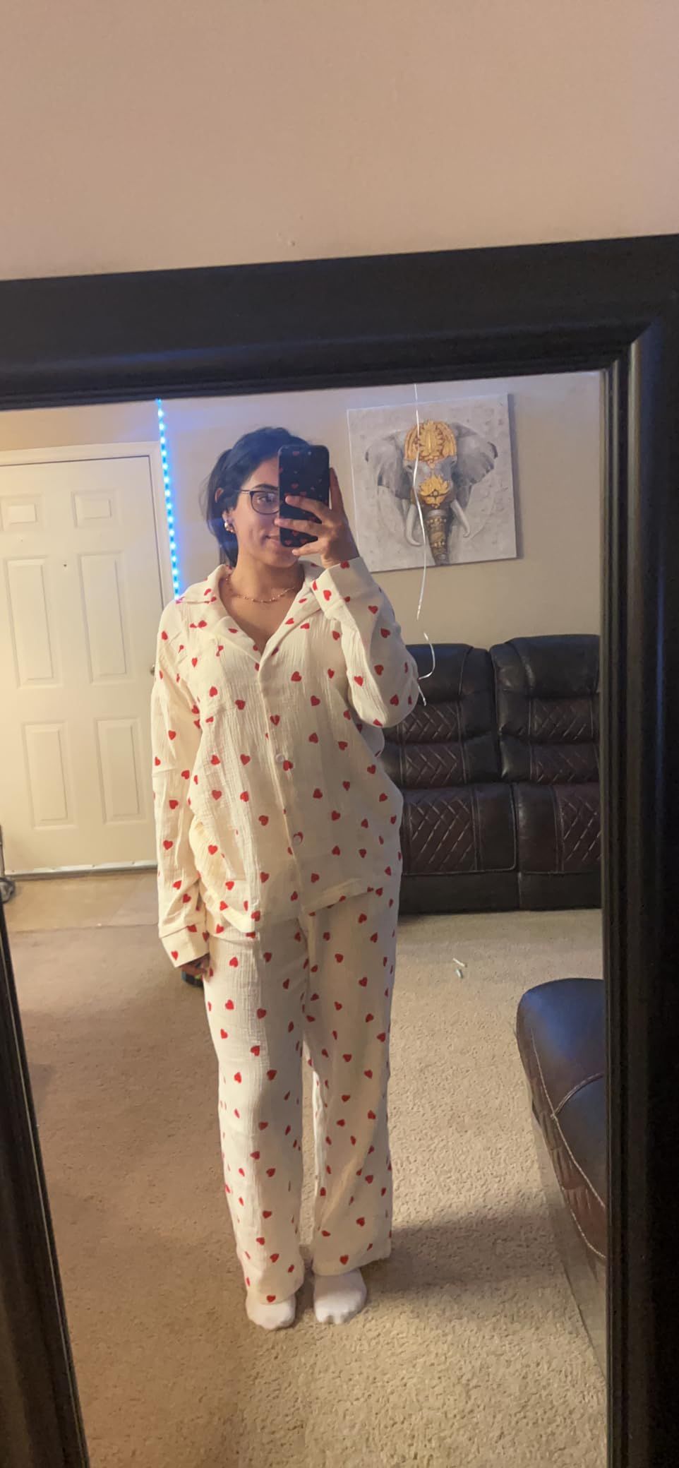 Womens Pajama Sets Cotton Pj Set Cute Heart Print Long Sleeve Button Down Shirt With Long Pants | Amazon (US)