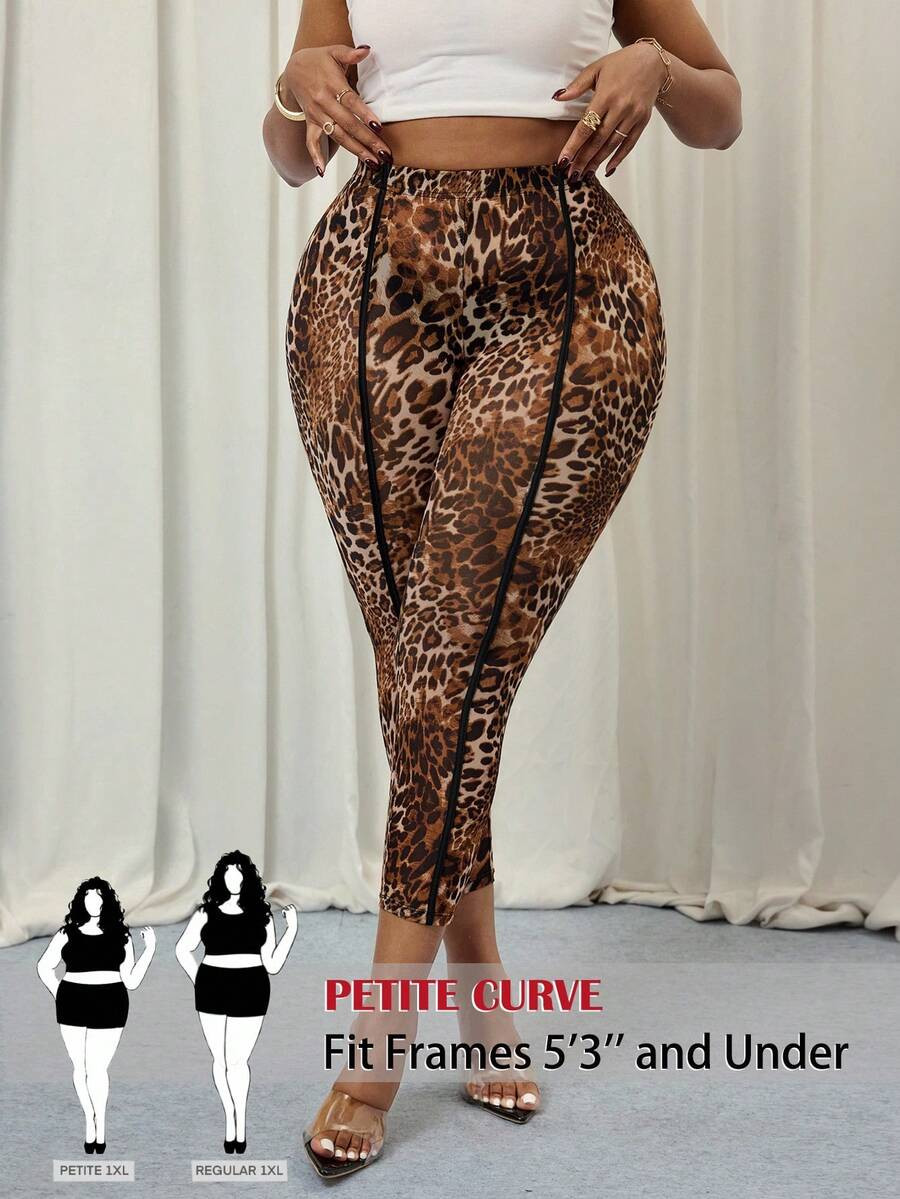 SHEIN PETITE CURVE Plus Size Sexy Leopard Print See-Through Leggings Plus Size Leopard Print Legg... | SHEIN