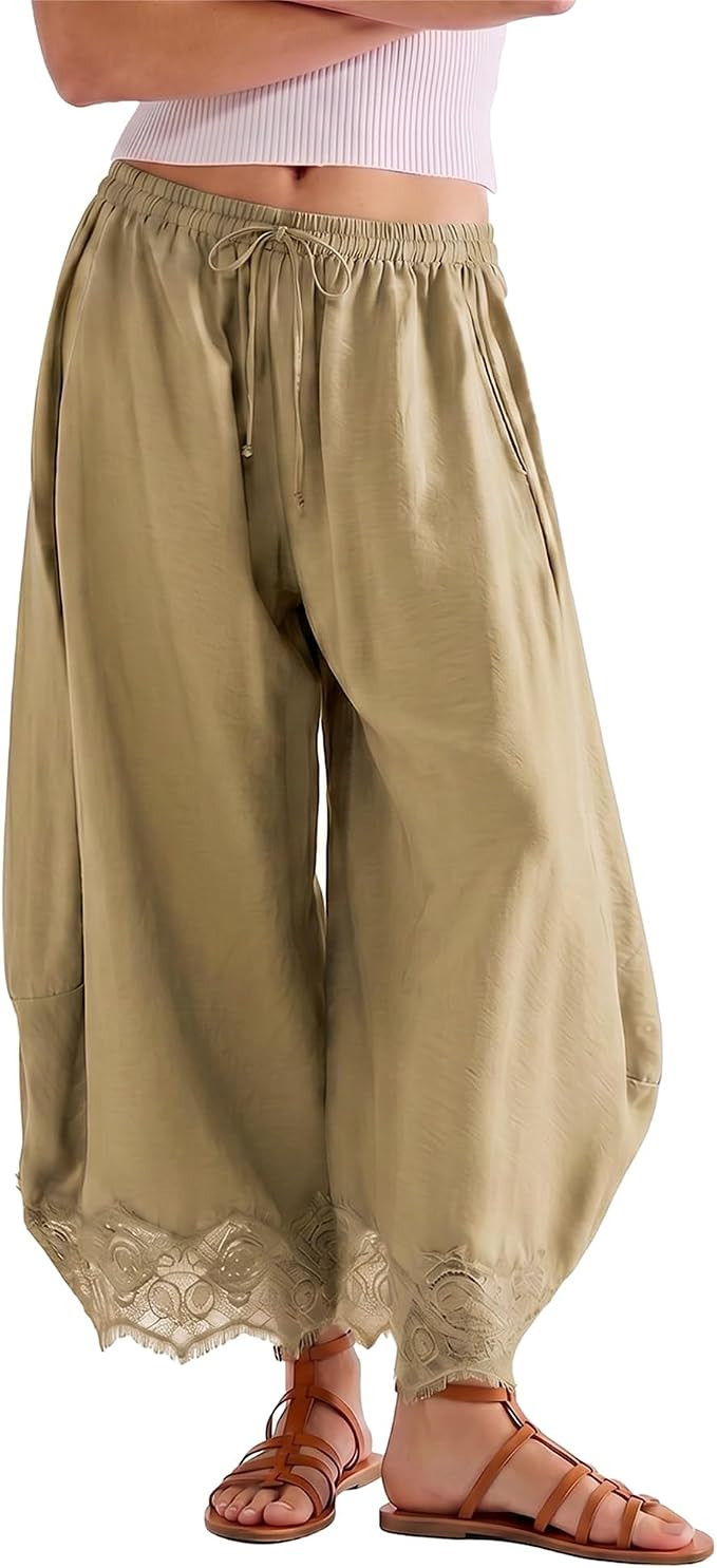 SeeLuNa Comfy Women's Pants Cropped Lace Hem Pants Summer Boho Drawstring High Rise Wide Leg Loun... | Amazon (US)