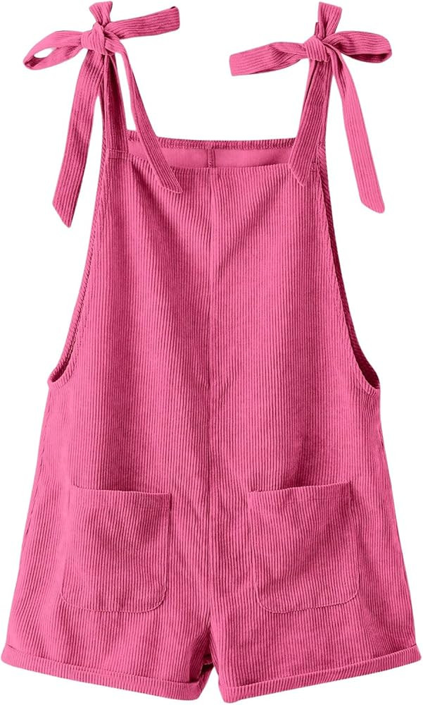 OYOANGLE Women's Strap Tie Knot Shoulder Pocket Front Romper Corduroy Overall Shorts Jumpsuit | Amazon (US)