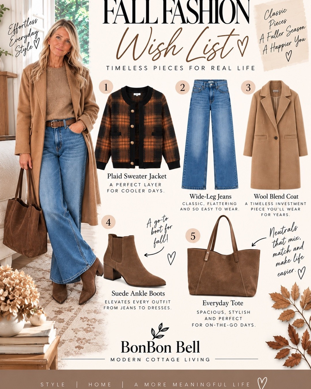My fall fashion wish list 🤎🍂 Five timeless pieces I’d add to my closet this season—pieces that feel current without being trendy and can be worn year after year.

A plaid sweater jacket, wide-leg jeans, a classic camel coat, suede ankle boots and an everyday tote. Easy neutrals, lots of mixing and matching, and plenty of outfit possibilities.

Because style doesn’t have an age limit. ✨ Shop my fall wish list below.

#LTKOver50 #LTKStyleTip #LTKFashion #FallFashion #FallOutfits #ClassicStyle #EverydayStyle #TimelessStyle #BonBonBell