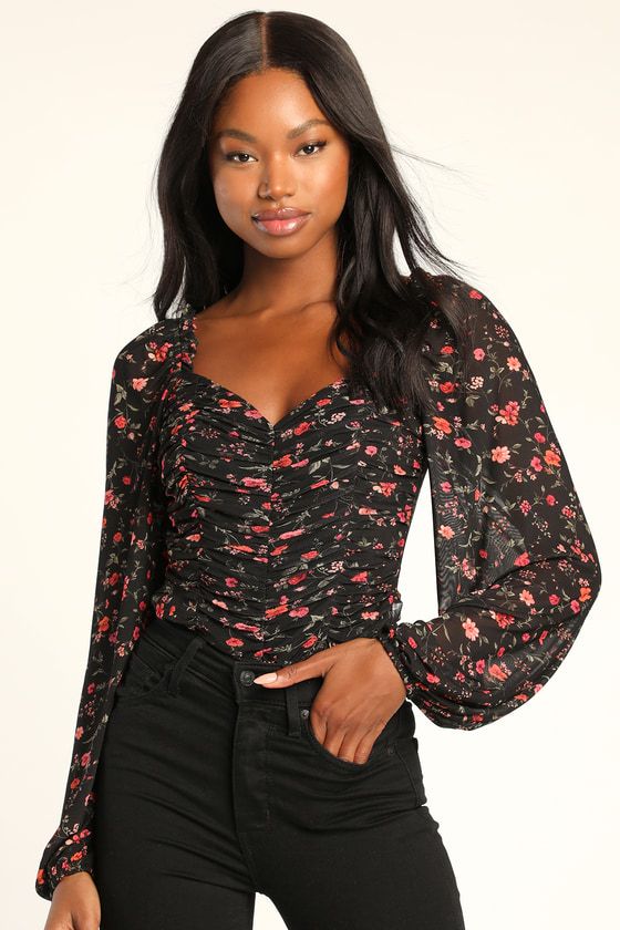 Blooming with Bliss Black Floral Ruched Long Sleeve Bodysuit | Lulus