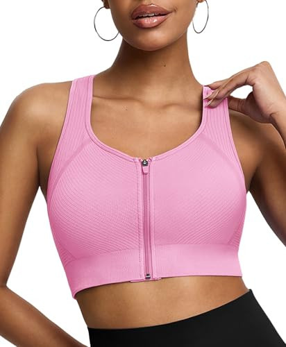 BRXL Front Zip Sports Bra Seamless Sewn in Pads Racerback Wide Straps Medium Impact for Running Yoga Gym Lilac Pink XS | Amazon (US)