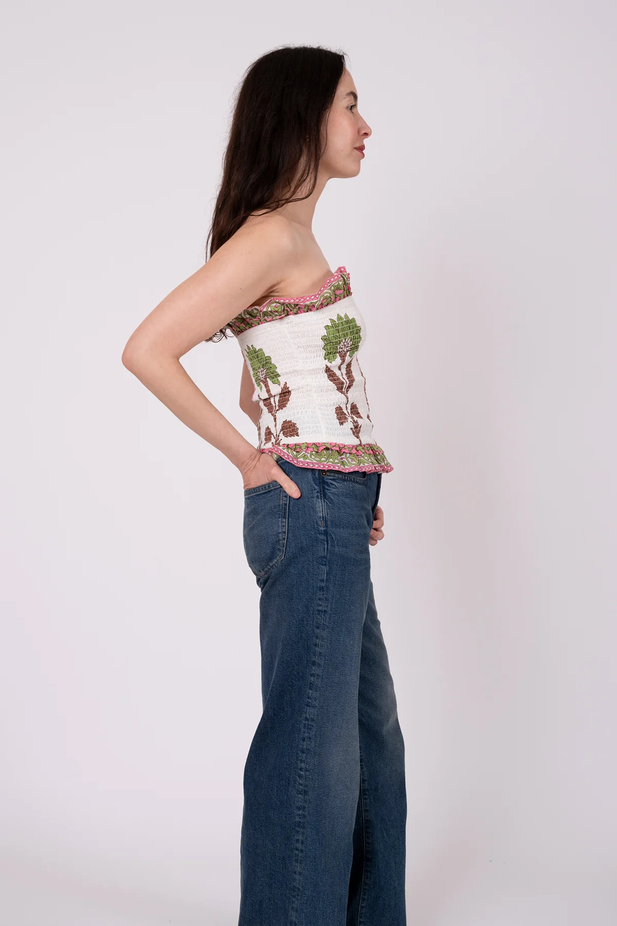 Strapless Bandeau Top | Pink/Peridot Dahlia | SUE SARTOR