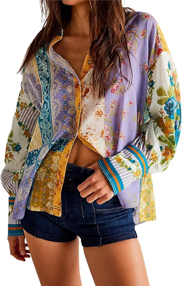 Womens Long Sleeve Collared Graphic Print Blouse Button Down Floral Graffiti Art Pattern Casual T... | Amazon (US)