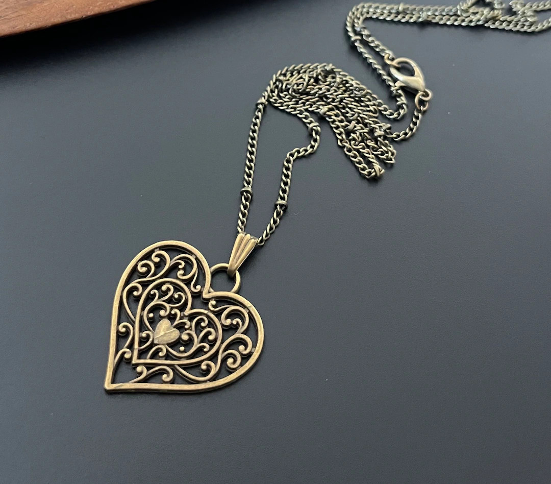 Boho Necklace, Heart Charm, Handmade Bohemian Antique Long Necklace, Statement Pendant, Charm Nec... | Etsy (US)