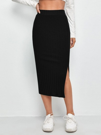 SHEIN Slit Hem Rib-knit Pencil Skirt | SHEIN