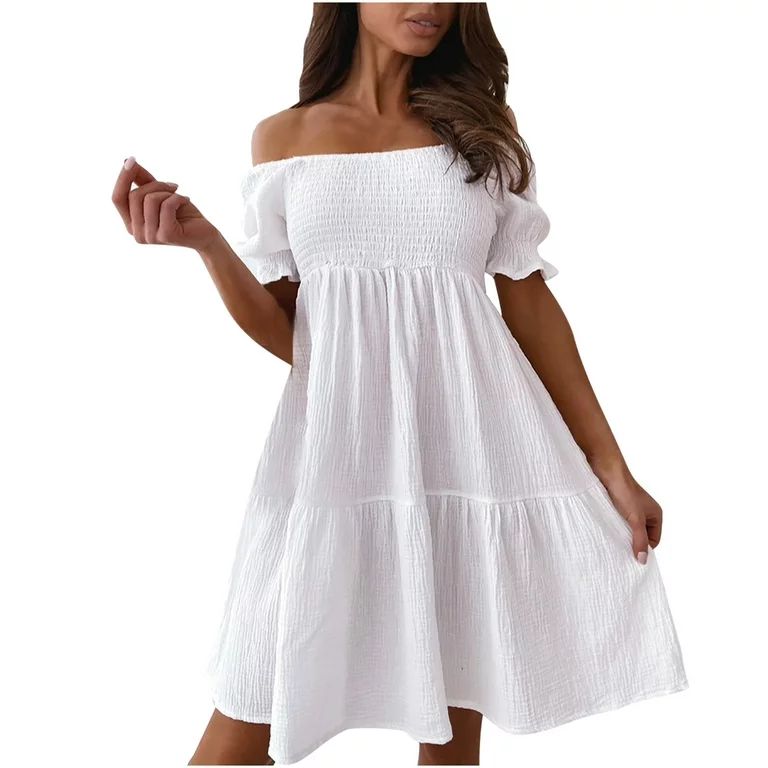 Off Shoulder Dress for Women Short Sleeve Ruffle Boho Dress Solid Color Summer Casual Loose Flowy... | Walmart (US)