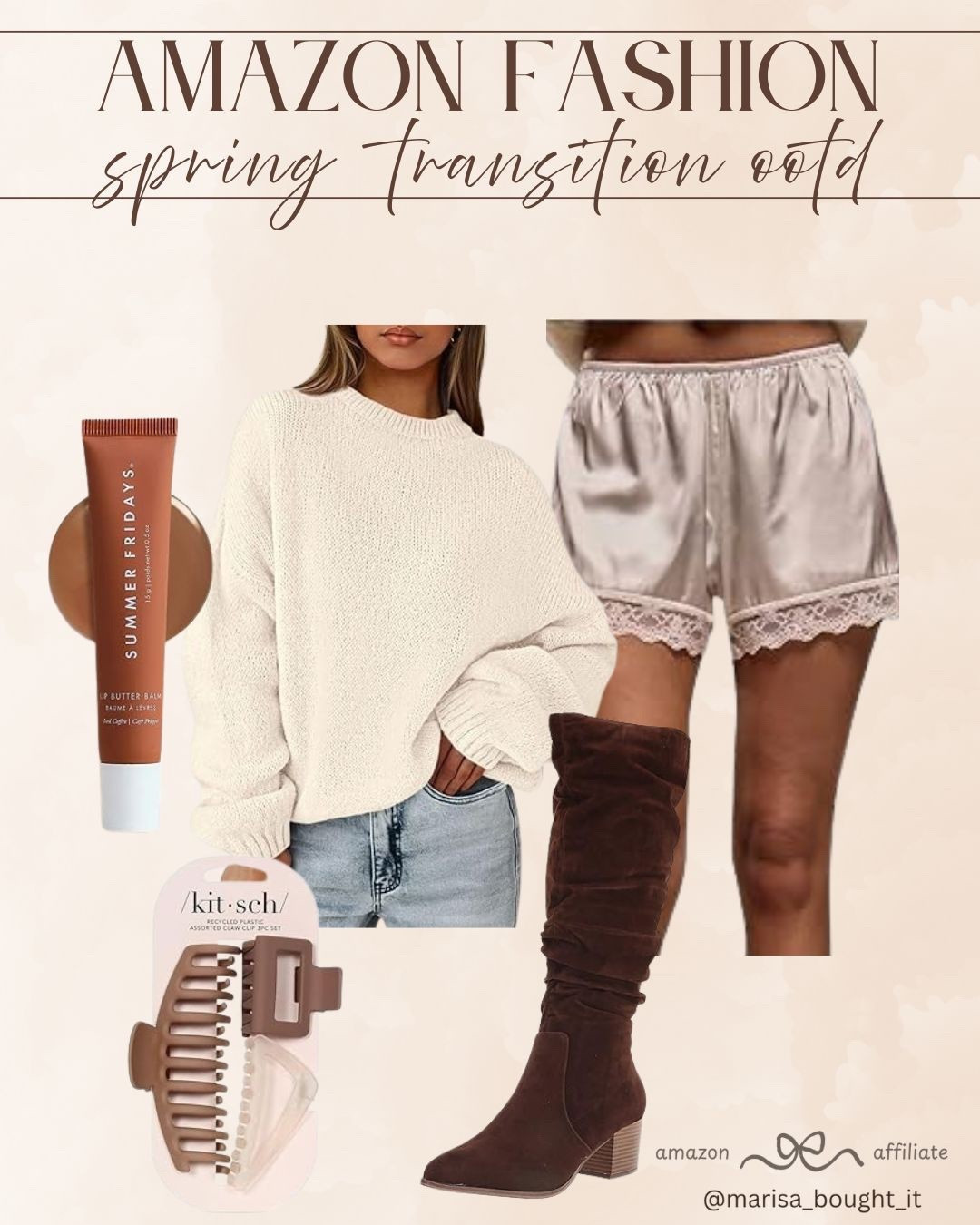 Spring Transition OOTD

I love the mix of textures for this transitional weather! A cozy oversized sweater paired with satin lace-trim shorts creates the perfect balance between warm and breezy. 🧶✨

I styled this look with slouchy chocolate brown boots for a sophisticated touch. It’s an effortless way to stay comfortable while looking put together as the seasons shift. 👢🍂

Complete the vibe with a matte claw clip and a swipe of your favorite lip balm. This outfit is my go-to for coffee dates or a casual stroll through the city! 💄☕

#AmazonFashion #SpringStyle #OOTD #TransitionOutfit #NeutralAesthetic

#LTKSeasonal #LTKgrwm #LTKootd