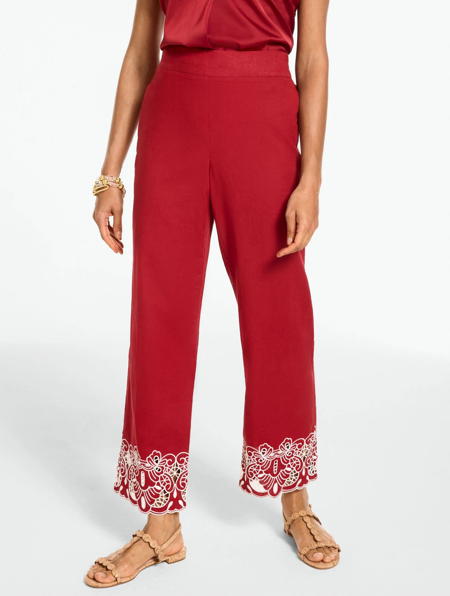 Linen Blend Embroidered Straight Ankle Pull-On Pants | Talbots