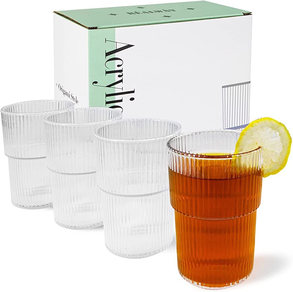 REALWAY Plastic Tumblers, Unbreakable Ribbed Glasses,17OZ Origami Style Drinking Cup, Reusable Plastic Glasses Drinking Dishwasher Safe, Clear Acrylic Cup Stackable Drinkware for Kitchen, Set of 4 | Amazon (US)