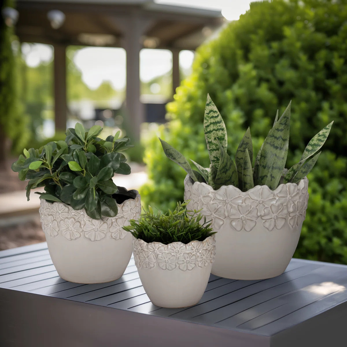 Stoneware Ceramic Planter Set with Floral Embossed Design - Set of 3. | Wayfair North America