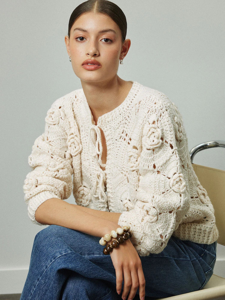 Ecru Hand Knit Floral Tie Front Cardigan | Next US