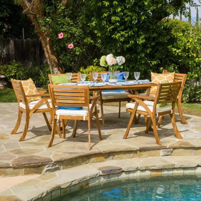 Outdoor 7 Piece Wood Dining Set With Cushions | Wayfair North America