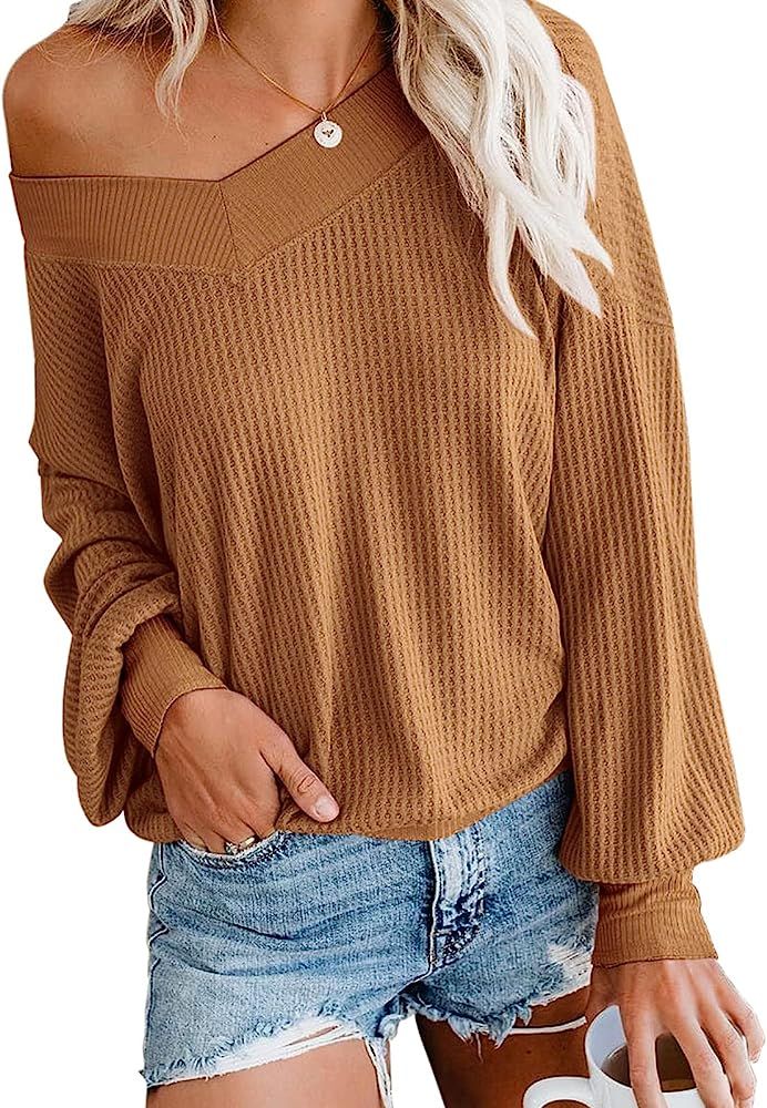 Adreamly Women's V Neck Long Sleeve Waffle Knit Top Off Shoulder Oversized Pullover Sweater | Amazon (US)