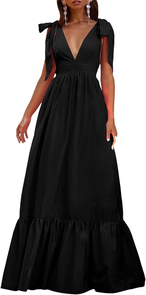 Vrtige Women's Deep V Neck Tie Shoulder High Waist Sleeveless Ruffle Hem A Line Maxi Dress Black Small | Amazon (US)