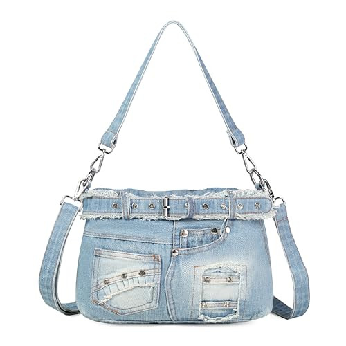 YeFine Y2K Jean Bags Denim Purse with Rhinestones Crossbody Shoulder Bag Bling Grunge Small Jean Purses for Women Aesthetic Handbags (Skirt Shape Light Blue) | Amazon (US)