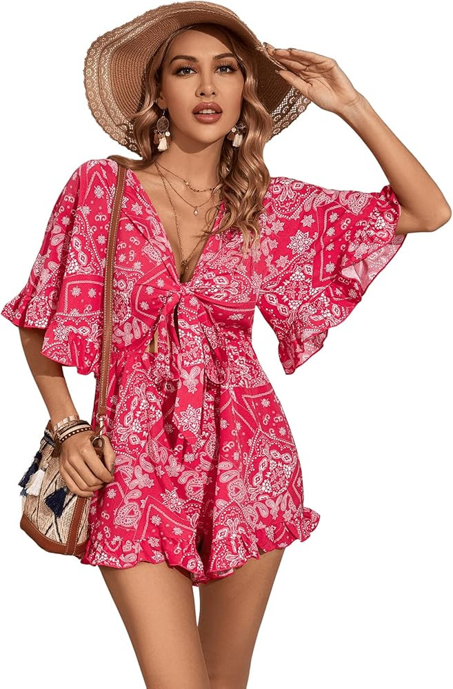 SweatyRocks Women's Sexy V Neck Self Tie Front Short Romper Jumpsuit Playsuit | Amazon (US)