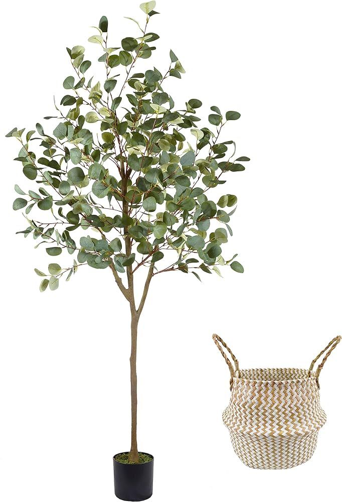 Warmplants Artificial Eucalyptus Tree, 6ft Tall Fake Eucalyptus Plant with Basket, Green Silver D... | Amazon (US)