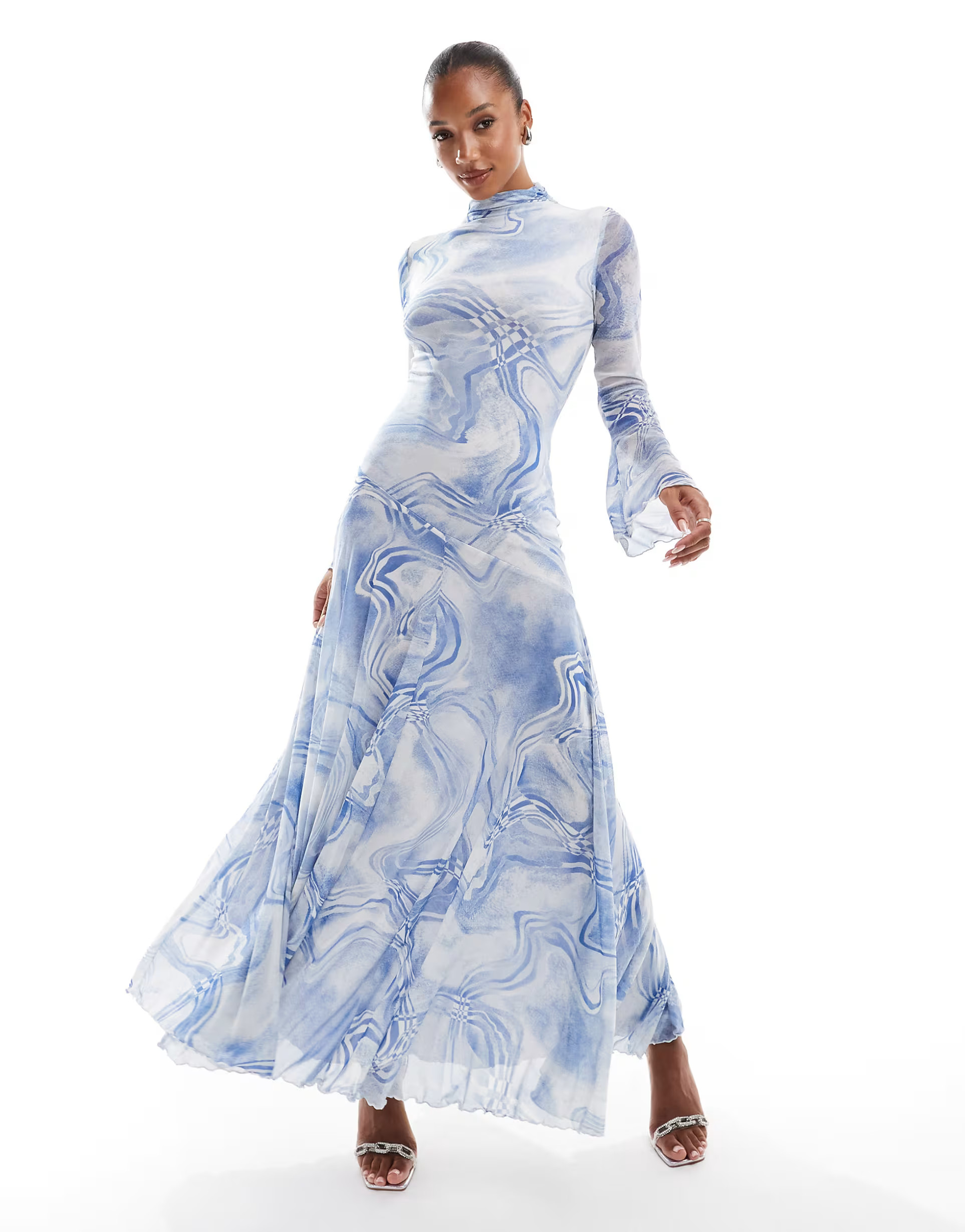 ASOS DESIGN high neck long sleeve a-line maxi dress in blue abstract print | ASOS | ASOS (Global)