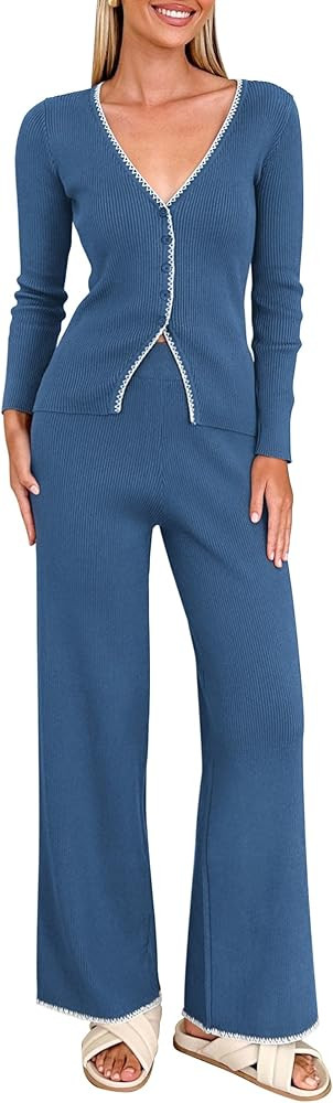 PRETTYGARDEN Women's 2 Piece Outfits 2024 Winter Knit Lounge Sets Long Sleeve Buttons Sweater Top... | Amazon (US)