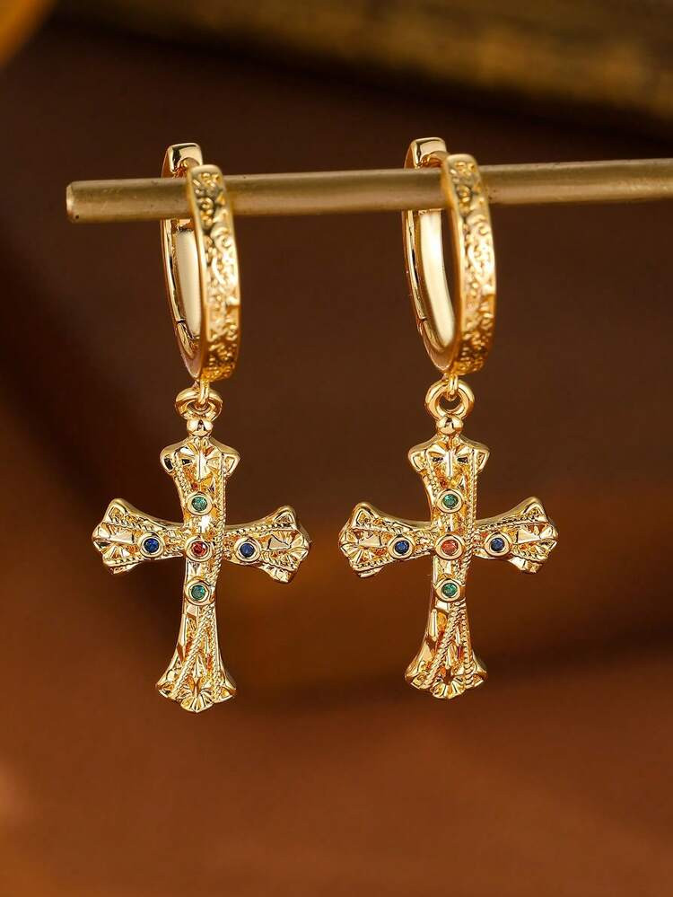 2pcs Zirconia Cross Vintage Luxury Pendant Earrings Set, Fashionable Daily & Party Jewelry Accessories For Couples
 | SHEIN