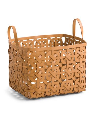 18in Bonded Recycled Leather Woven Basket With Handle | TJ Maxx