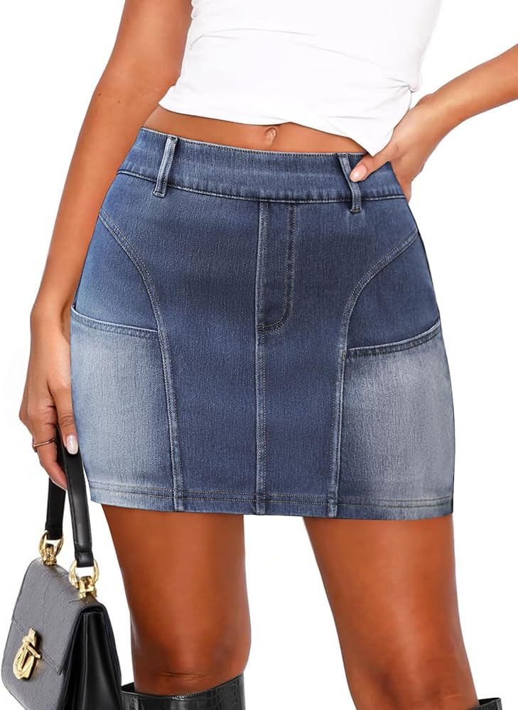RUBZOOF Women's Low Rise Bodycon Mini Washed Denim Skirt Casual Stretch Y2K Classic Cute Skirts w... | Amazon (US)