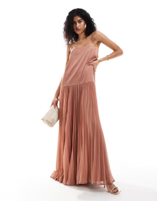 ASOS DESIGN satin cami trapeze dress with pleated skirt in mocha | ASOS (Global)
