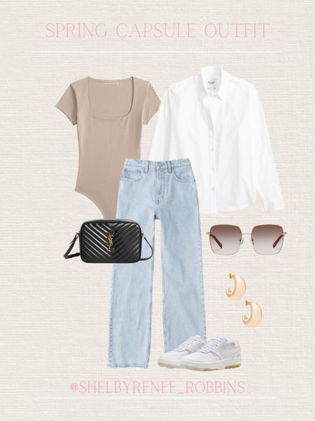 Spring capsule wardrobe outfit, spring casual outfit, neutral spring outfit, white Nike outfit, white button down top, basics 

#LTKshoecrush #LTKSeasonal #LTKstyletip